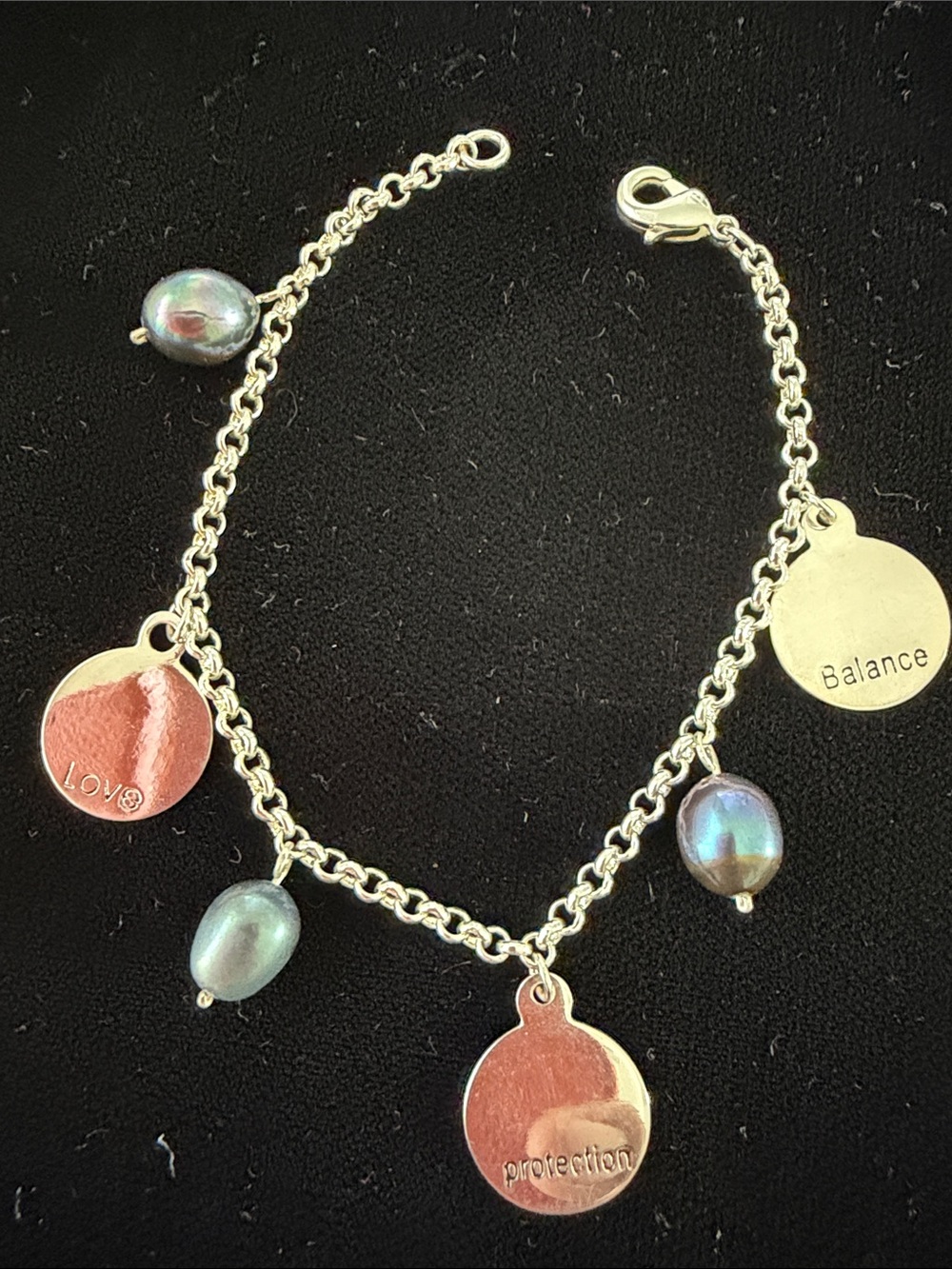 Sterling Silver Charm Bracelet with freshwater black pearls and Chinese charms